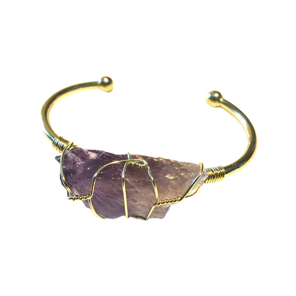 Amethyst Rough Gemstone Gold Bangle Cuff Bracelet