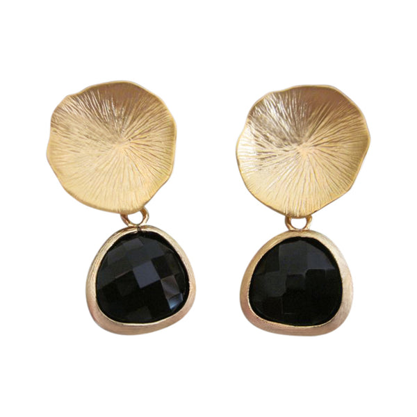 Black Onyx Earrings Gold Mushroom Coral